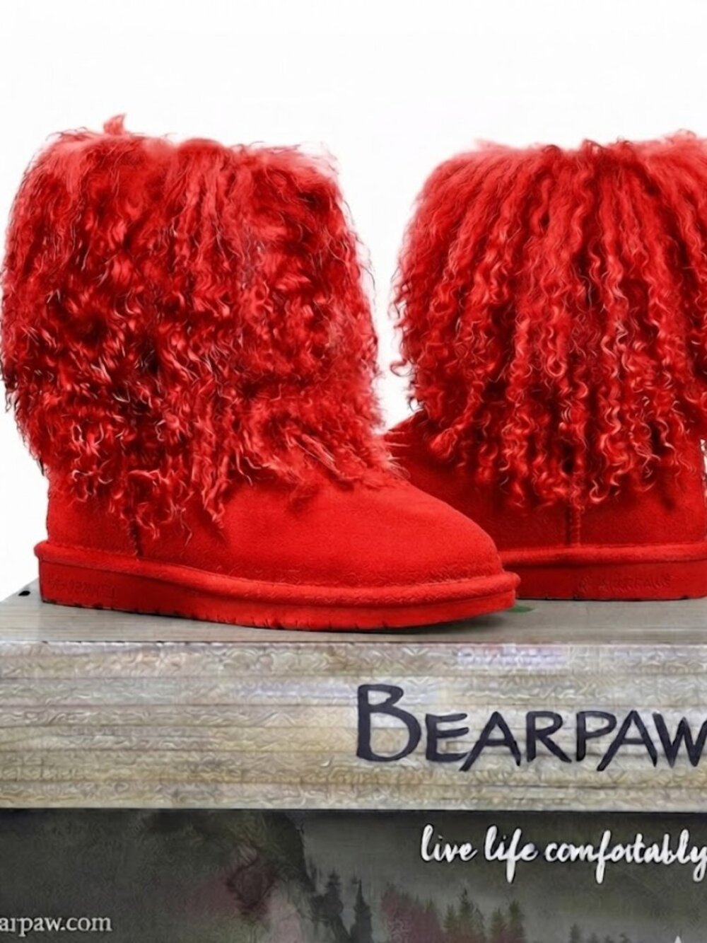 Bearpaw Boo Red Shearling Wool Curly Lamb Fur Boho Sherpa Boots Women's 6 NEW